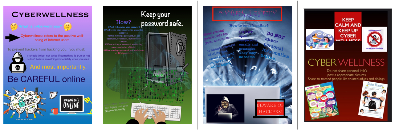 Four cybersecurity awareness posters covering cyberwellness, password safety, cyber safety, and hacker warnings.